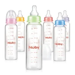 Nûby Biberon en verre col standard avec logo Nuby 240ml et tétine débit lent +0mois Réf : ID1179