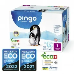 PINGO COUCHES ÉCOLOGIQUES JETABLES NEW BORN JUMBO TAILLE 1 (2-5 KG) 2X27 COUCHES
