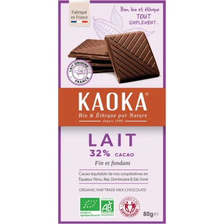 kaoka TABLETTE DE CHOCOLAT AU LAIT SIMPLY 32% 80 G